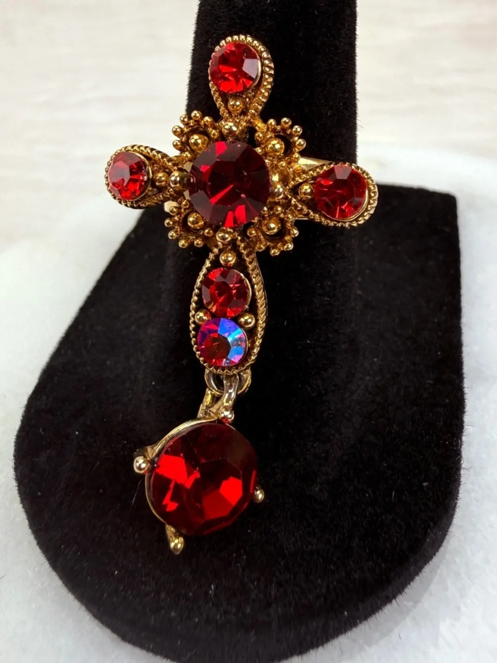 Goldtone, red bling, cross, charm, dangle adjustable costume ring